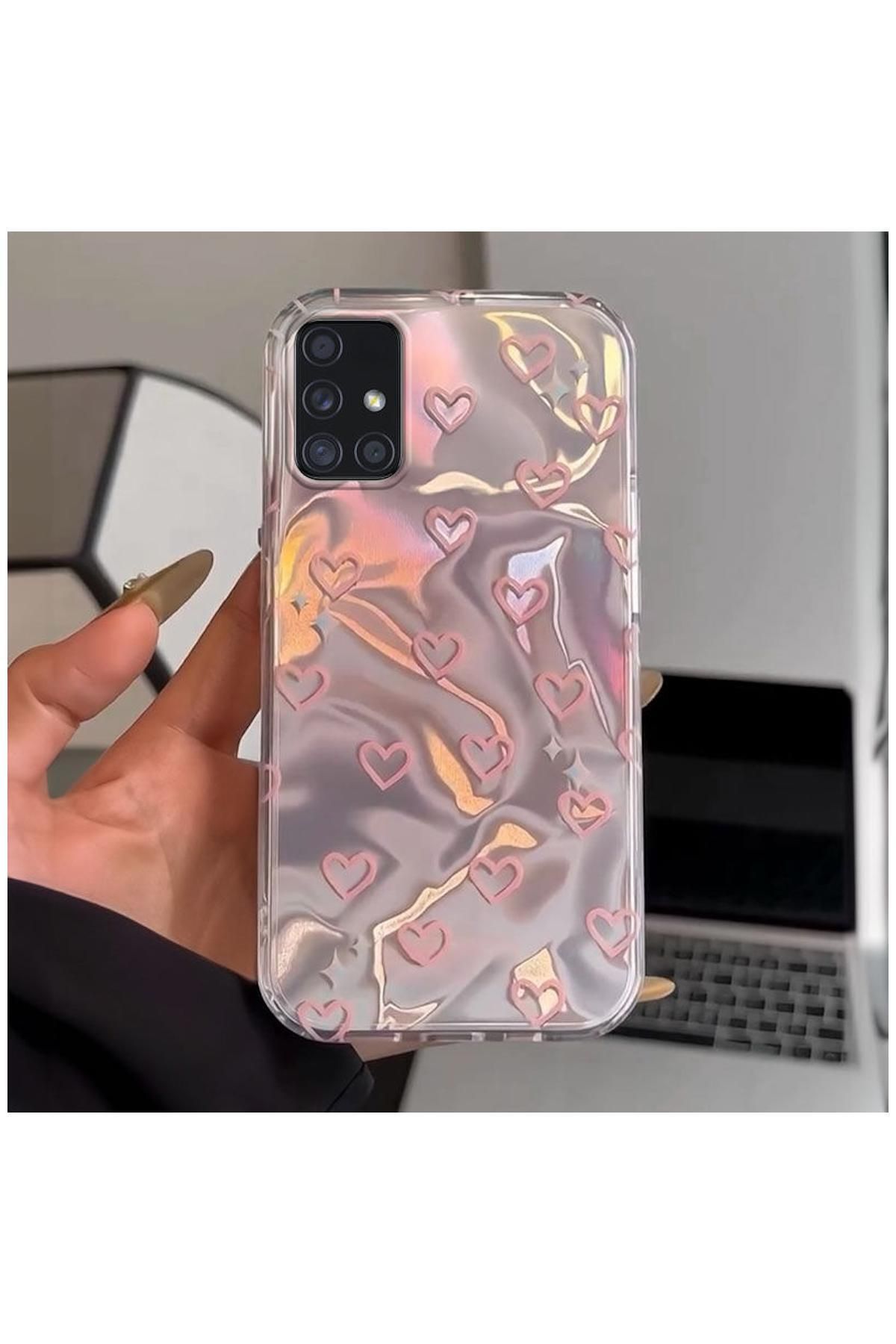 Zebana Samsung Galaxy A71 Uyumlu Kılıf Zebana Pink Heart Silikon Kılıf Pembe