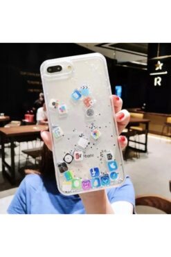 Merwish Apple iPhone 7 Plus ve 8 Plus Uyumlu Sosyal Medya ikonlu Sulu Simli Hareketli Silikon Kılıf