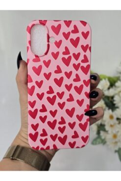 Magic Ring Iphone 16 PLUS Uyumlu İçi Kadife Lansman Kalp Baskılı Kılıf