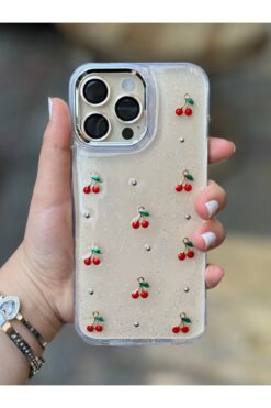 Caseji iPhone 16 Pro Max Uyumlu Gold Detaylı 3D Kirazlı Parlayan Kılıf
