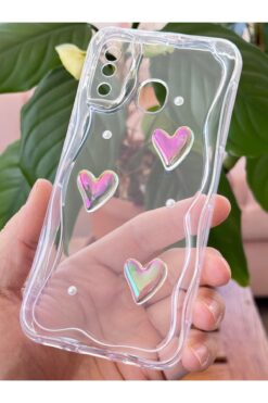 Fibaks Samsung Galaxy A20-A30 Kılıf 3D Kalpli İnci Tasarımlı Desenli Kamera Korumalı Şeffaf Silikon Kapak