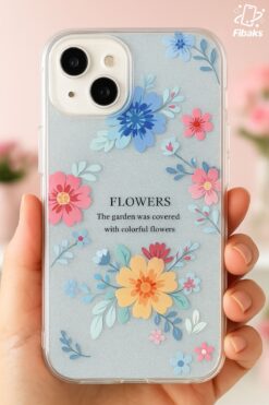 Fibaks Apple iPhone 13/14 Uyumlu Kılıf Mavi Simli Çiçek Desenli Renkli Parlak Darbe Emici Kapak