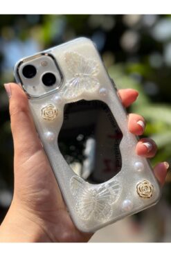 Caseji İphone 13 /14 Uyumlu AYNALI Kelebekli Güllü Boncuklu Simli Epoksi Kamera Çerçevesi Parlak Kılıf