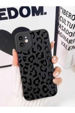 KVK PRİVACY İphone 12 Uyumlu Kılıf Mat Siyah Leopar Desenli Darbelere Dayanıklı Yumuşak Kamera Korumalı Kapak