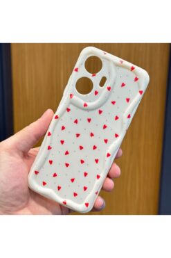 Fibaks Realme C55 Kılıf Kamera Korumalı Dalga Kenarlı Kırmızı Kalp Desenli Silikon Kapak