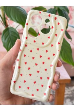 Fibaks Tecno Spark 10 Pro Kılıf Kamera Korumalı Dalga Kenarlı Kırmızı Kalp Desenli Silikon Kapak