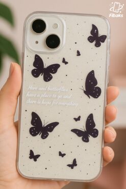 Fibaks Apple Iphone 13 - 14 - 15 Uyumlu Kılıf Simli Siyah Kelebek Desenli Renkli Parlak Darbe Emici Kapak