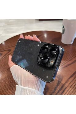 Merwish iPhone 14 Pro Kamera ve Lens Korumalı Simli Işıltılı Taşlı Siyah Kapak Kılıf