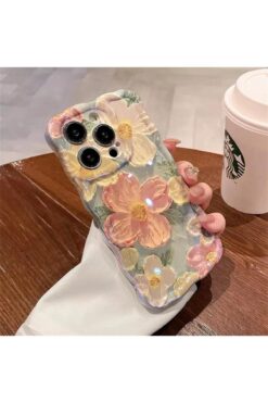 Disi (IPHONE 15 PRO MAX) Su Yeşili Kenarları Dalgalı Çiçek Desenli Lüx Mavi Işık Premium Silikon Kılıf