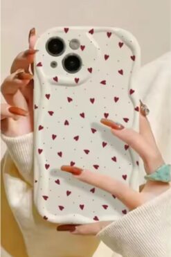Fibaks İphone 14 Uyumlu Kılıf Kamera Korumalı Dalga Kenarlı Kırmızı Kalp Desenli Silikon Kapak