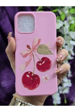 Magic Ring iPhone 12 & iPhone 12 Pro Uyumlu Kiraz ve Kurdele Desenli Pembe Telefon Kılıfı