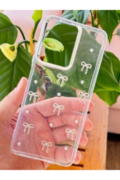 Fibaks Vivo Y21/Y21S Kılıf Fiyonk Desenli Şeffaf Simli Gümüş Kamera Çıkıntılı Parlak Kapak