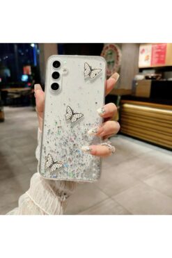 Rivor Samsung Galaxy A24 Uyumlu Kılıf Kamera Çıkıntılı Simli Kelebek Kabartmalı Desenli İnce Premium Kapak