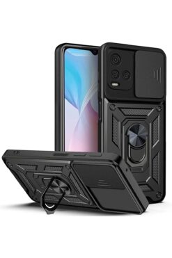 Fibaks Vivo Y21 - Vivo Y21s Uyumlu Kılıf Kamera Korumalı Sürgülü Yüzüklü Armor Military Tank Zırhlı
