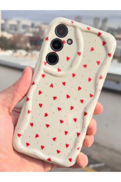 Fibaks Samsung Galaxy A26 Uyumlu Kılıf Kamera Korumalı Dalga Kenarlı Kırmızı Kalp Desenli Silikon Kapak