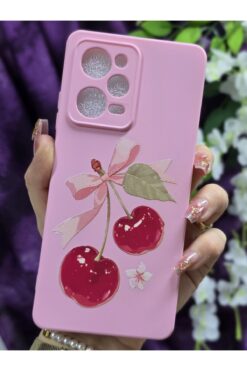 Magic Ring Redmi Note 12 PRO 5G Uyumlu Kiraz Desenli Pembe Silikon Telefon Kılıfı