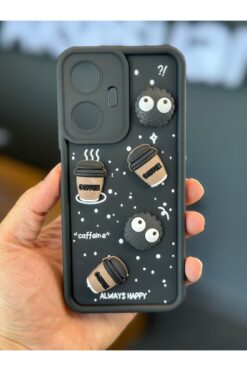Fibaks Realme C55 Uyumlu Kılıf Tasarımlı Desenli Kamera Korumalı Coffee Kurabiye Siyah Yumuşak Silikon Kap