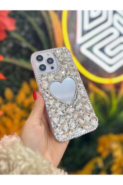 OSG iPhone 15 Pro Uyumlu 3d Aynalı Ayıcık Karakterli Gümüş Renk Taşlı Koruyucu Premium Kılıf