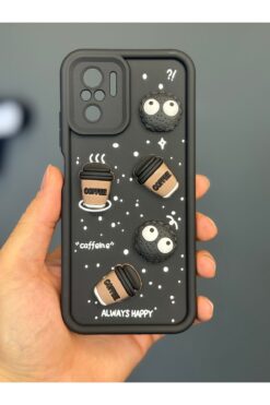 Fibaks Xiaomi Redmi Note 10/10S Uyumlu Kamera Korumalı Coffee Kurabiye Figürlü Siyah Yumuşak Silikon Kapak