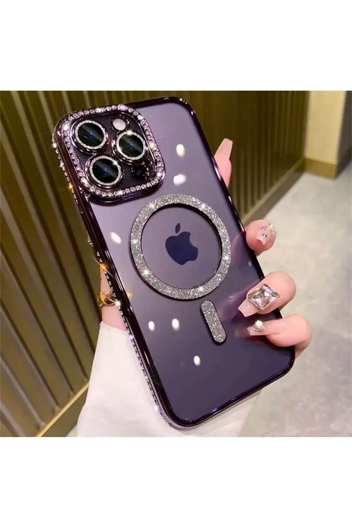 EDELFU İPhone 14 PRO Yanları Taşlı Kamerası Korumalı ve Simli Magsafeli Koruyucu Kılıf - Görsel 2