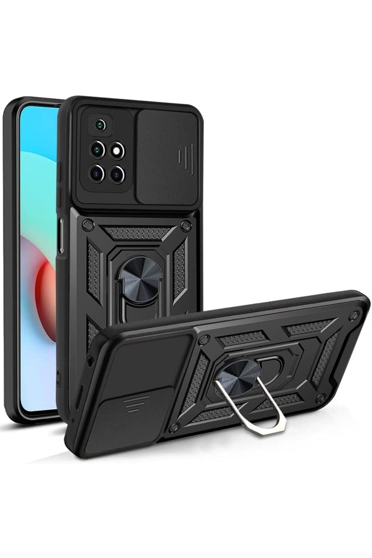 Fibaks Xiaomi Redmi 10 2022 Uyumlu Kılıf Kamera Korumalı Sürgülü Yüzüklü Armor Tank Zırhlı