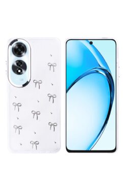 Fibaks Oppo A60 Uyumlu Kılıf Fiyonk Desenli Şeffaf Simli Gümüş Kamera Çıkıntılı Parlak Kapak