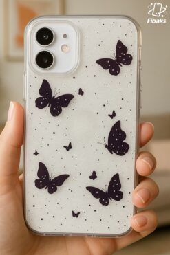 Fibaks Apple iPhone 12/12 Pro Uyumlu Kılıf Simli Siyah Kelebek Desenli Renkli Parlak Darbe Emici Kapak