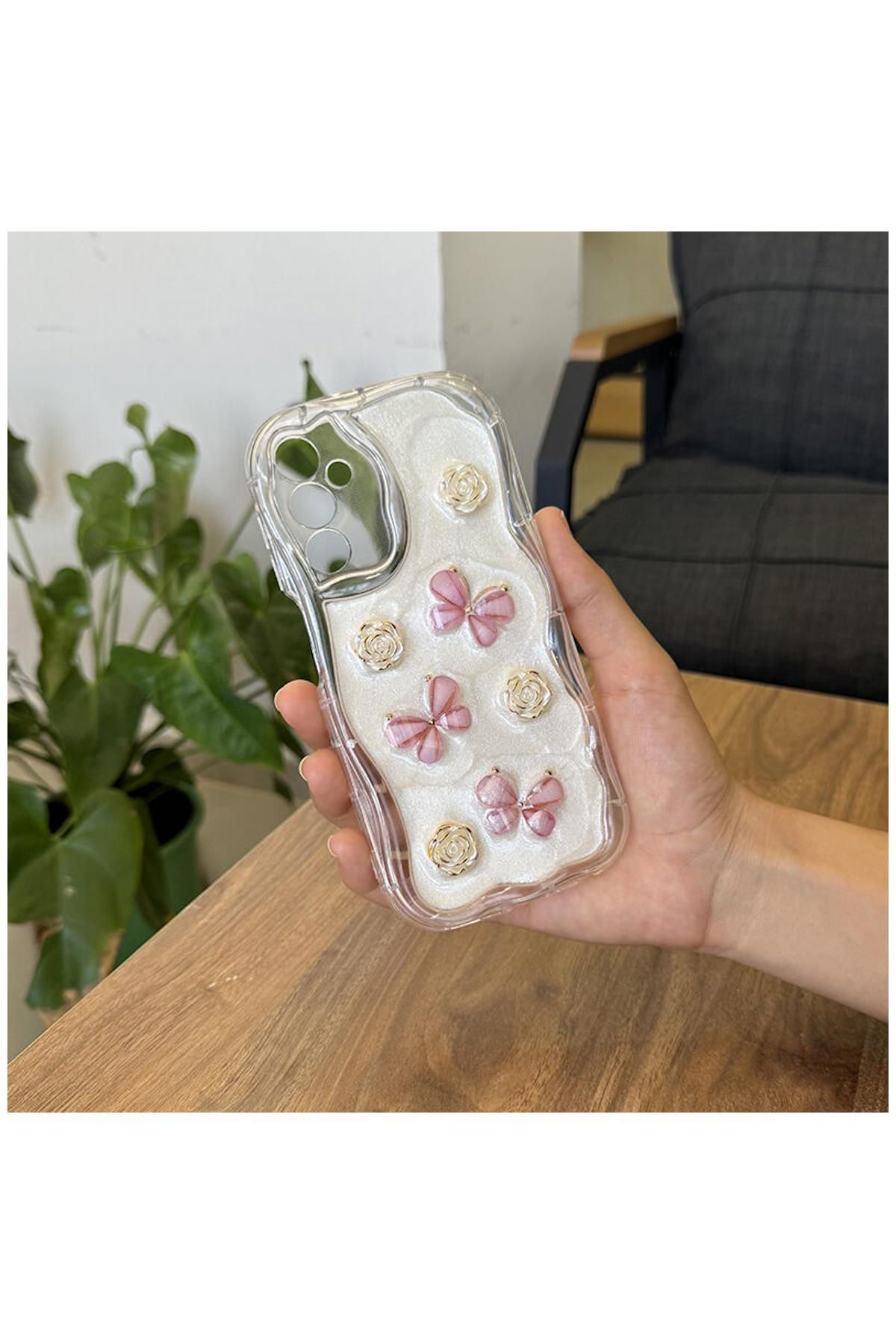 Pro Aksesuar Samsung Galaxy A54 Uyumlu Kılıf Kelebekli Floral Silikon Kılıf Rose Gold