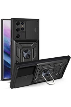 Fibaks Samsung Galaxy S22 Ultra Kılıf Kamera Korumalı Sürgülü Yüzüklü Armor Military Tank Zırhlı