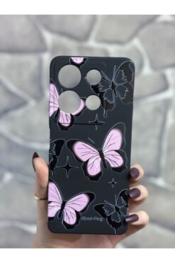 CaseKİdükkan Infınix Note 30 Uyumlu  Siyah Pembe Kelebek Desenli İçi Kadife Silikon Kılıf