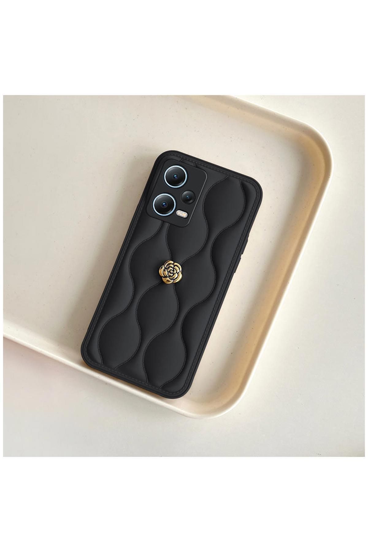 Pro Aksesuar Xiaomi Redmi Note 12 Pro 5G Uyumlu Kılıf Çiçekli Dalgalı Deri Kılıf Siyah - Görsel 2