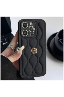 Pro Aksesuar Apple Iphone 15 Pro Max Uyumlu Kılıf Çiçekli Dalgalı Deri Kılıf Siyah