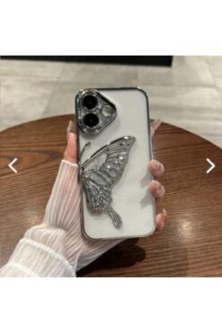 HYPERSOFT Iphone 16 Uyumlu Kamera Koruyuculu Sulu Simli 3d Kabartma Kelebek Figürlü Şeffaf Kılıf Kapak