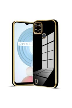 Fibaks Realme C21Y - C25Y Kılıf Parlak Kenarlı Altın Işlemeli Kamera Korumalı Kapak