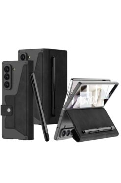 m.tk moveteck Samsung Galaxy Z Fold 6 Kılıf Kıpta Standlı S Pen Kalem Bölemli Yuvalı Kartlıklı Cüzdanlı Kadife 360