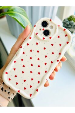 Go Aksesuar Iphone 14 Plus Ve 15 Plus Uyumlu Kırmızı Kalpler BASKI Desenli Silikon Kılıf