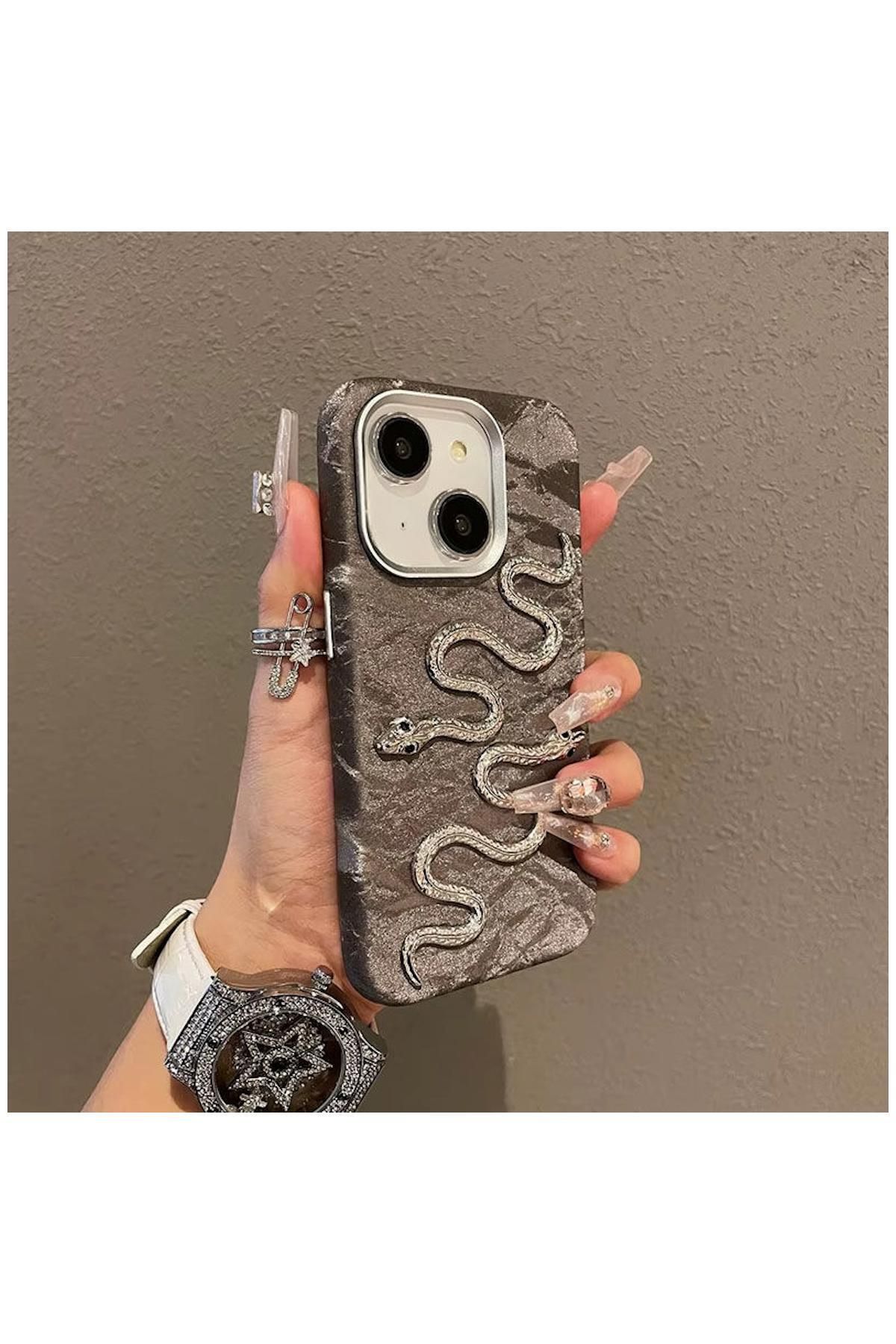 Zebana Apple iPhone 14 Uyumlu Kılıf Zebana Serpent Kadife Kumaş Kılıf Gri