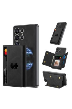 Rivor Samsung Galaxy S25 Ultra Uyumlu Kılıf Magsafe Şarj Özellikli Suni Deri Standlı Kartlıklı Kapak