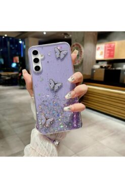 Rivor Samsung Galaxy A55 Uyumlu Kılıf Kamera Çıkıntılı Simli 3D Kelebek Kabartmalı Desenli Kapak