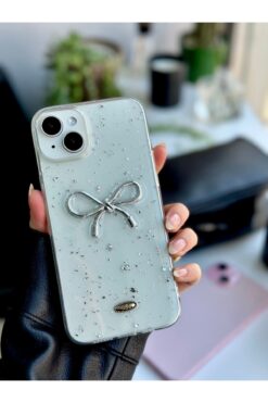 Go Aksesuar Iphone 14 Plus - 15 Plus Uyumlu Şeffaf Simli Kurdele Epoksili Telefon Kılıfı