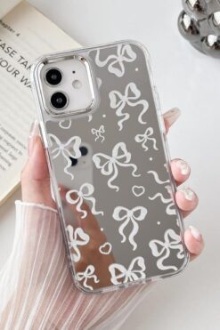 KVK PRİVACY Apple iPhone 11 Uyumlu Aynalı Kılıf Beyaz Fiyonk Desenli Darbelere Dayanıklı Kapak