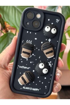Fibaks Apple Iphone 13 Kılıf Tasarımlı Desenli Kamera Korumalı Coffee Kurabiye Siyah Yumuşak Silikon Kapak