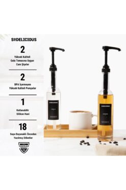 SODELICIOUS COFFEE TEA 2’li Set | 250ml Pompalı Cam Şurup Şişesi- Kahve , 18 Çeşit Siyah Etiket + Silikon Huni Hediyeli