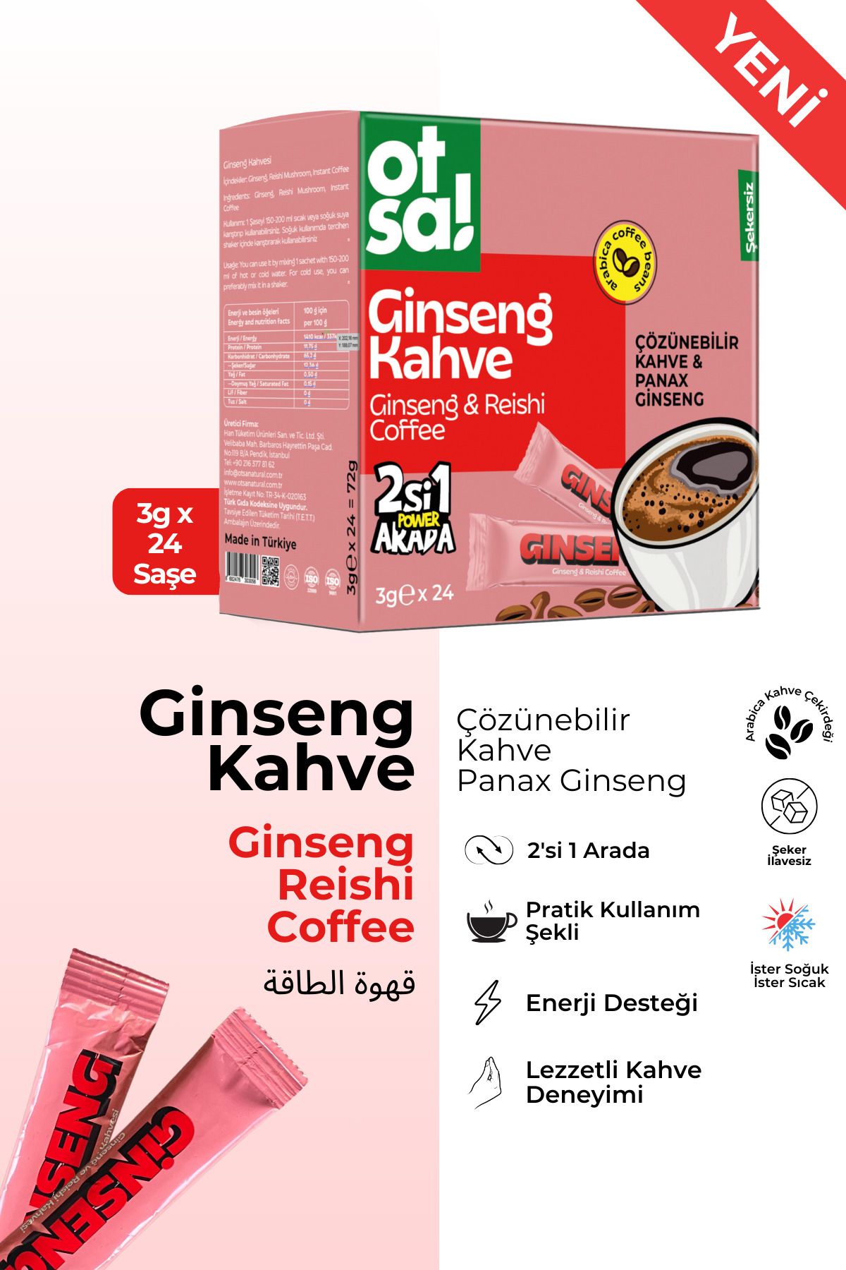 Otsa 2si 1 Arada Ginseng & Reishi Ve Sabah Kahvesi Stick 24’lü Şeker Ilavesiz Ginseng Kahve