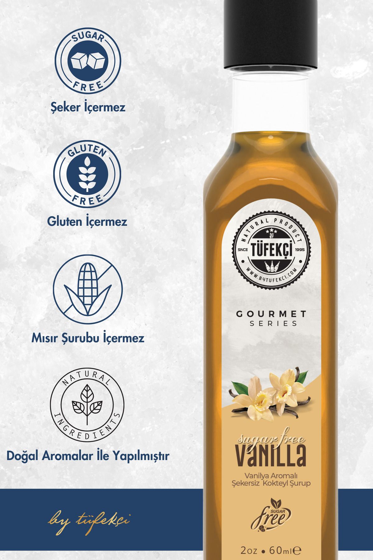By Tüfekçi Şekersiz (SUGAR FREE) Vanilya Aromalı Kahve Şurubu Yeni Yüksek Aromalı Kalorisiz Formül 60ml - Görsel 2