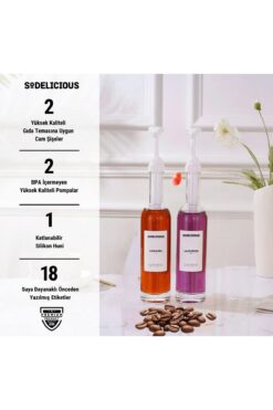 SODELICIOUS COFFEE TEA 2’li Set | 250ml Pompalı Cam Şurup Şişesi- Kahve, 18 Çeşit Beyaz Etiket + Silikon Huni