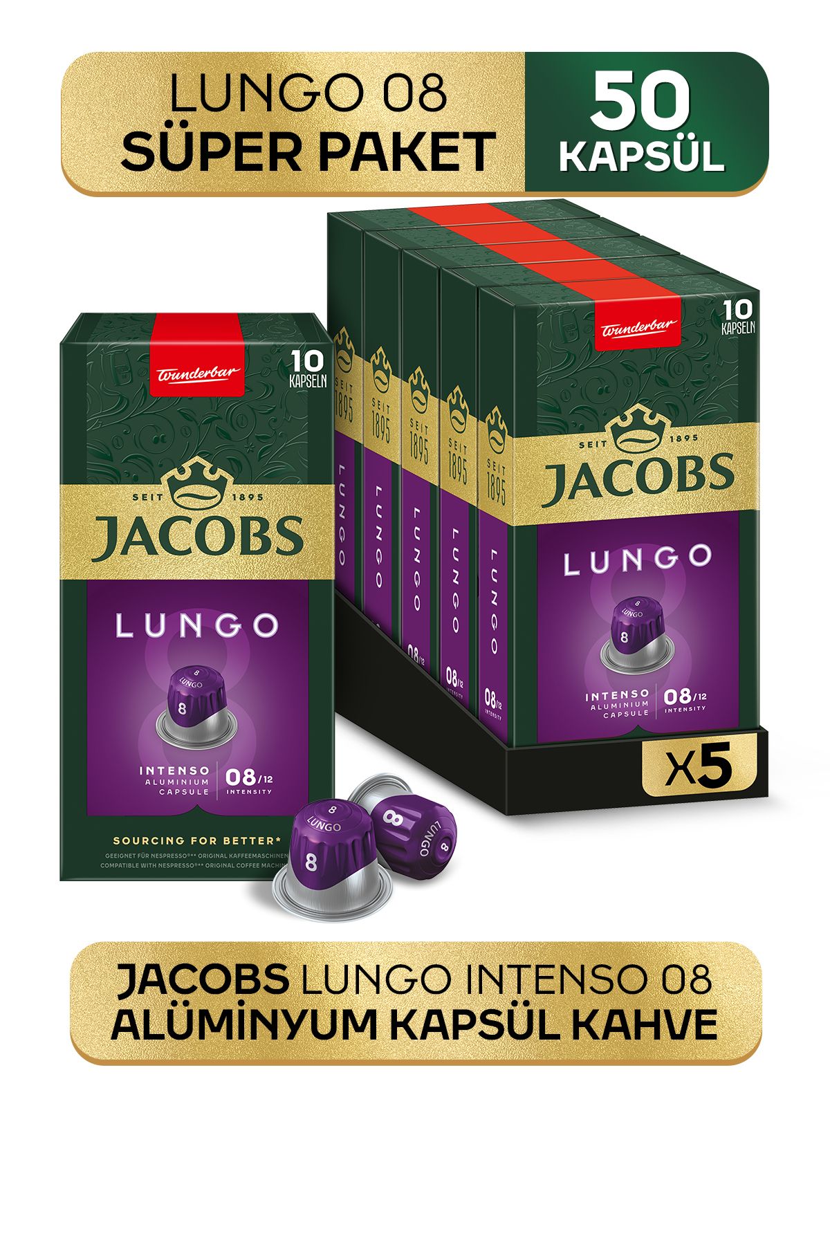 Jacobs Lungo 8 Intenso Nespresso Uyumlu Alüminyum Kapsül Kahve 10 Adet X 5 Paket