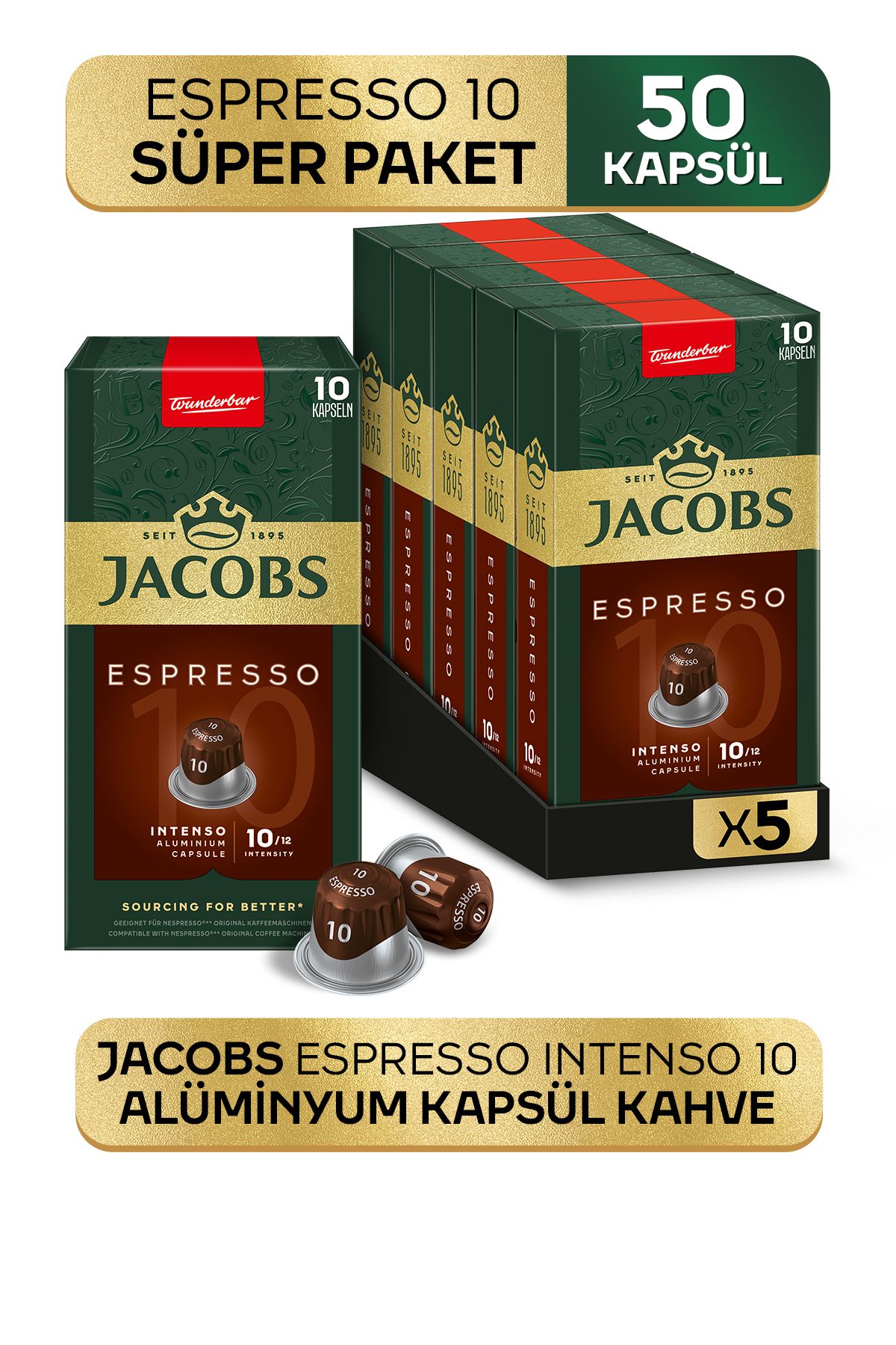Jacobs Espresso 10 Intenso Nespresso Uyumlu Alüminyum Kapsül Kahve 10 Adet X 5 Paket