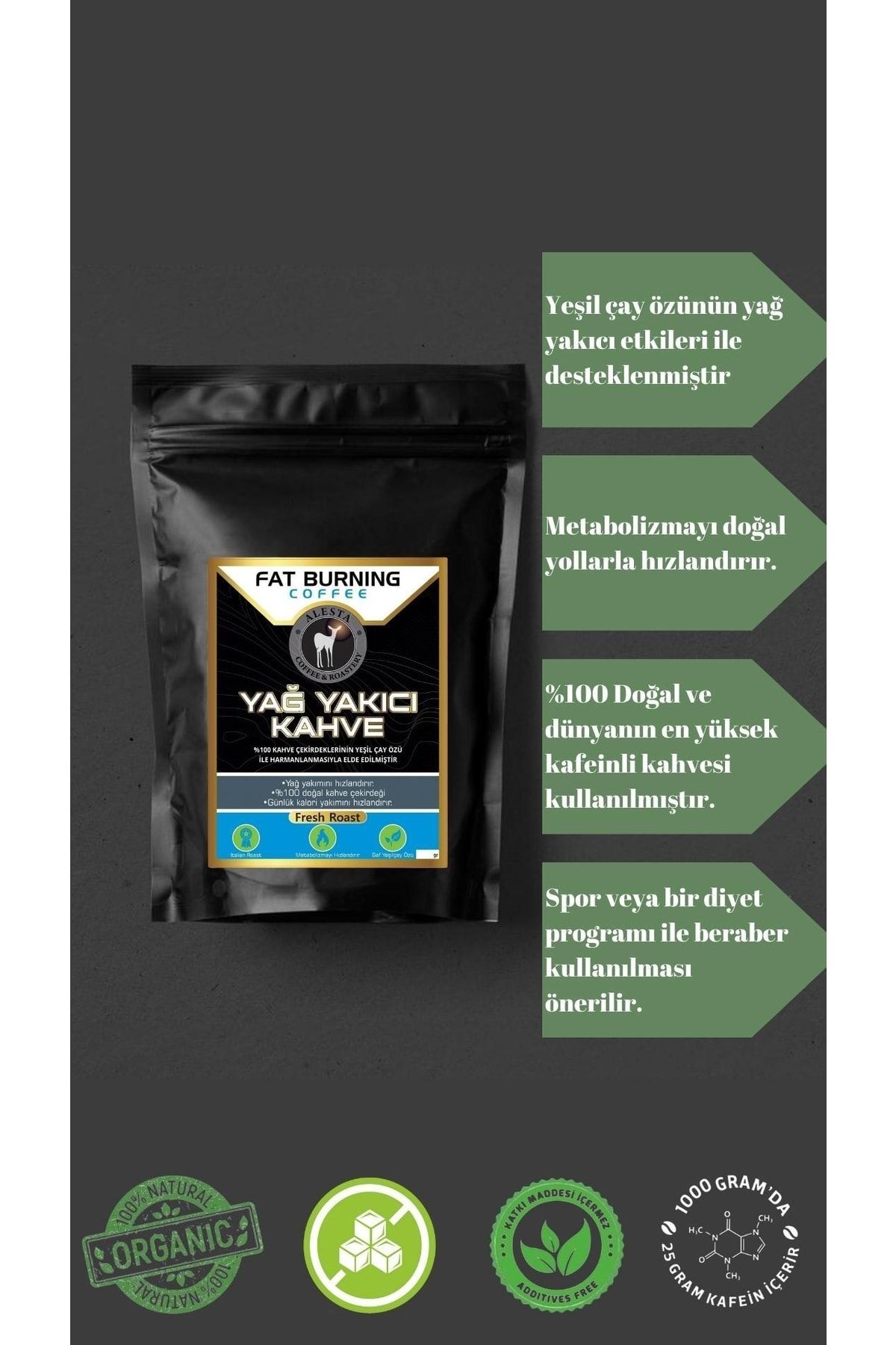 Alesta Coffee Yağ Yakıcı Kahve 500 gr | Yüksek Kafein Yeşil Çay Özü | Ketojenik & %100 Doğal Filtre Kahve - Görsel 3