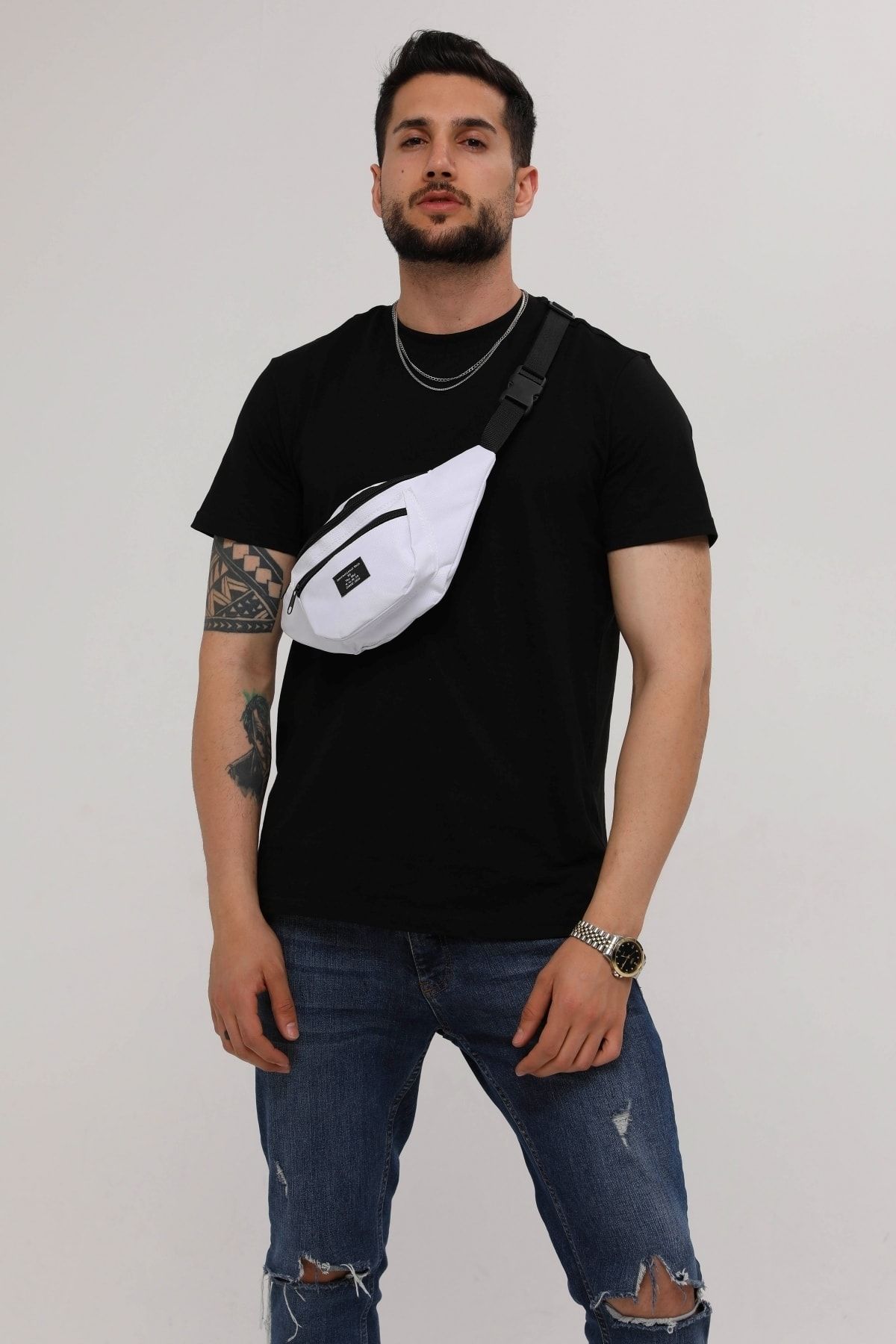 D'VERS Unisex Beyaz 2 Bölmeli Omuz Ve Bel Çantası - Görsel 4